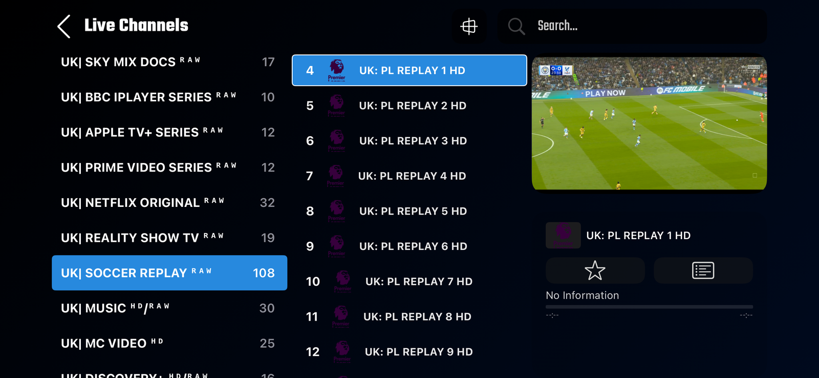 IPTV free trial interface with channels